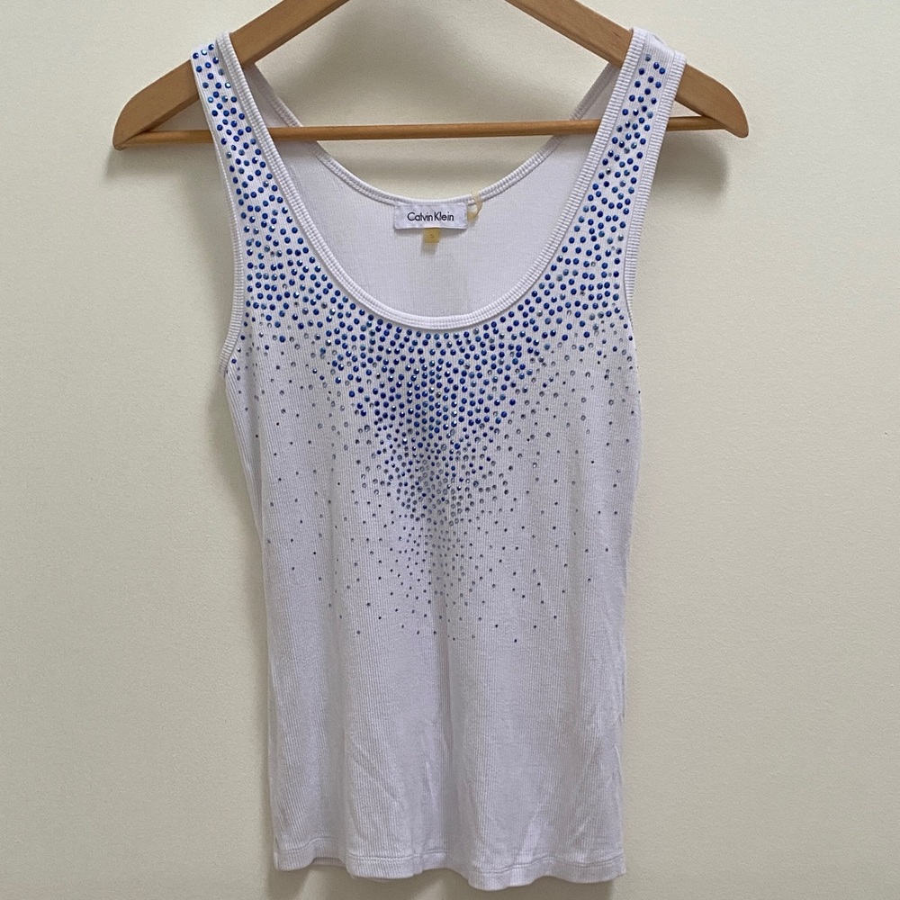 Calvin Klein White Tank Top with Blue Rhinestones, Small